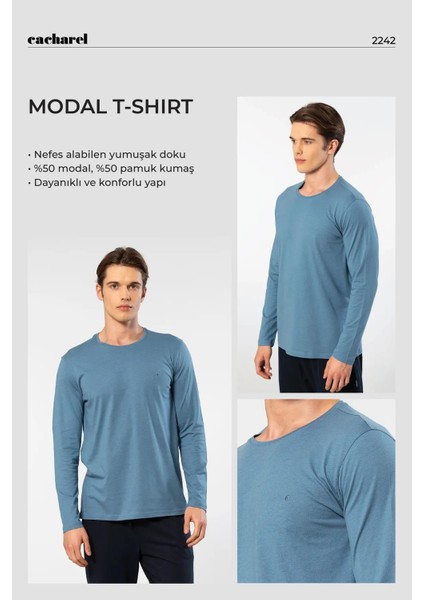 Erkek %50 Modal, %50 Pamuk Bisiklet Yaka Uzunkol T-Shirt