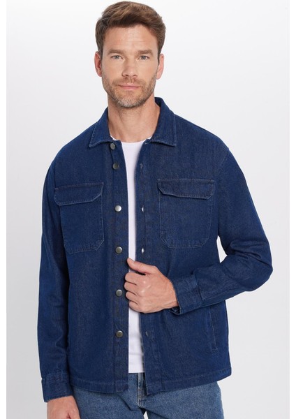 Unisex Relax Fit Rahat Kesim Denim Kapaklı Çift Cepli Lacivert Ceket Gömlek