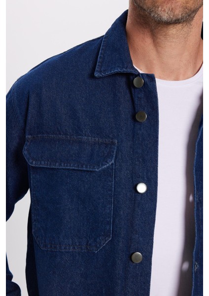Unisex Relax Fit Rahat Kesim Denim Kapaklı Çift Cepli Lacivert Ceket Gömlek indirimleri