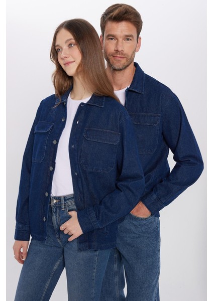 Unisex Relax Fit Rahat Kesim Denim Kapaklı Çift Cepli Lacivert Ceket Gömlek modelleri