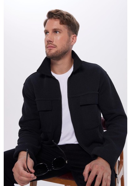 Unisex Relax Fit Rahat Kesim Çift Cepli Fermuarlı Siyah Örme Gömlek