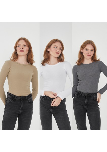 Kadın 3'lü Bisiklet Yaka Uzun Kollu Fitilli Bluz Set