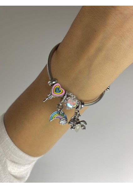 Kadın Charm Bileklik Kalpli Gökkuşağı Uğurböcekli 4lü Charm Bileklik fırsatları