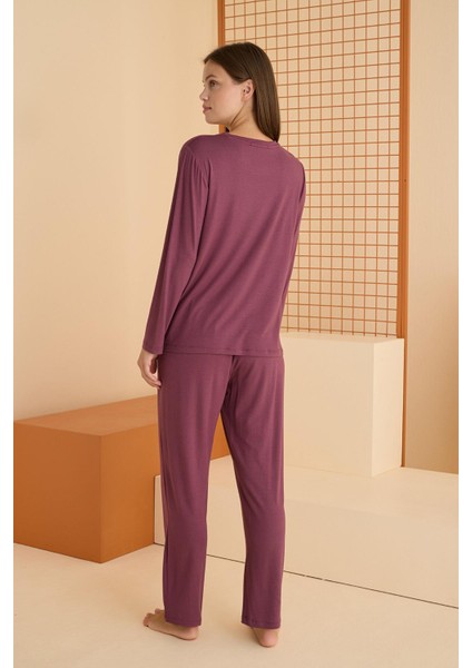 Kadın Viskon Düz Renk Uzunkol Pijama Takım modelleri