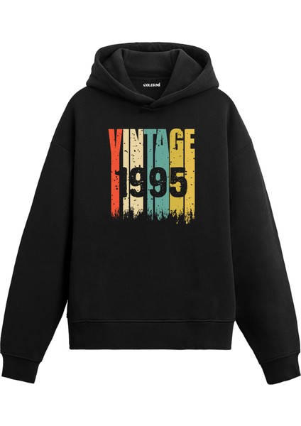 Vintage Era 1995 Yaş Doğum Günü Hediyesi Kapşonlu Vintage Tasarım Yaş Günü Hediyesi Erkek Siyah Sweatshirt Kadın Siyah Hoodie