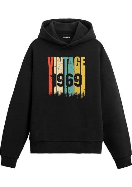 Vintage Era 1969 Yaş Doğum Günü Hediyesi Kapşonlu Vintage Tasarım Yaş Günü Hediyesi Erkek Siyah Sweatshirt Kadın Siyah Hoodie