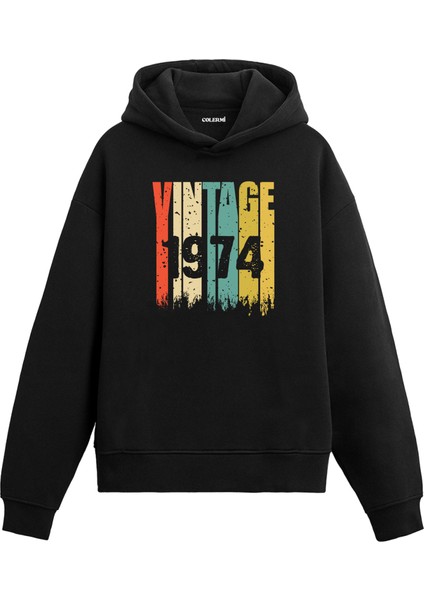 Vintage Era 1974 Yaş Doğum Günü Hediyesi Kapşonlu Vintage Tasarım Yaş Günü Hediyesi Erkek Siyah Sweatshirt Kadın Siyah Hoodie