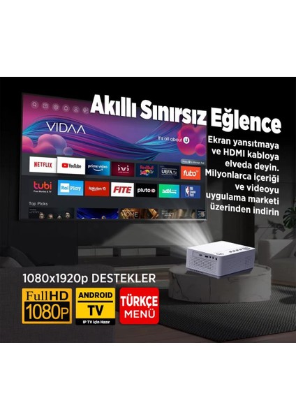 Leisure L470A Android Tv 1080P Destekli Projeksiyon Cihazı +Auto Focus+Auto Keystone+6g Wifi+5.2 BLUETOOTH+300 Inç Yansıtma+Hifi Premium Ses Sistemi Beyaz Ps5/xbox/hdmı