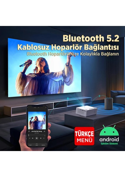 Leisure L470A Android Tv 1080P Destekli Projeksiyon Cihazı +Auto Focus+Auto Keystone+6g Wifi+5.2 BLUETOOTH+300 Inç Yansıtma+Hifi Premium Ses Sistemi Beyaz Ps5/xbox/hdmı