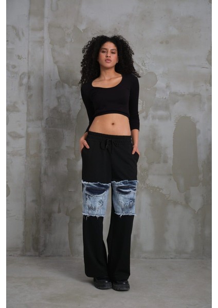 023 Kadın Cepli Bol Paça Penye Kot Denim Pantolon