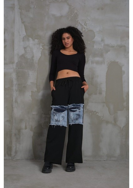 023 Kadın Cepli Bol Paça Penye Kot Denim Pantolon modelleri