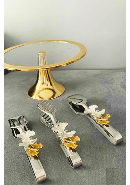 3'lü Kelebek Detaylı Gümüş Servis Maşa Seti