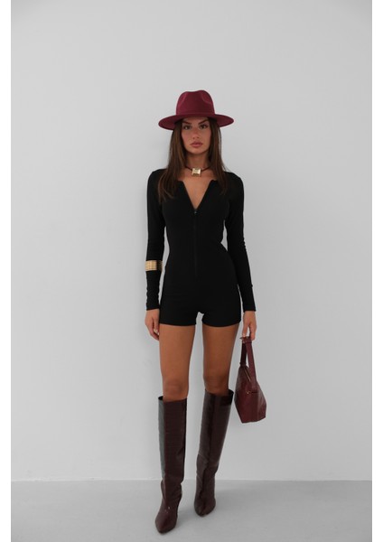 Fermuar Detay Şort Siyah Tulum