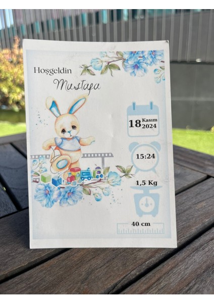 Yenidoğan Erkek Çocuk Tavşan Görselli Zincirli Anahtarlık Mavi Renk