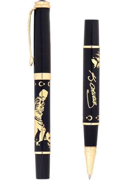 Atatürk Işlemeli Kutulu Metal Roller Kalem Siyah Gold - FC761