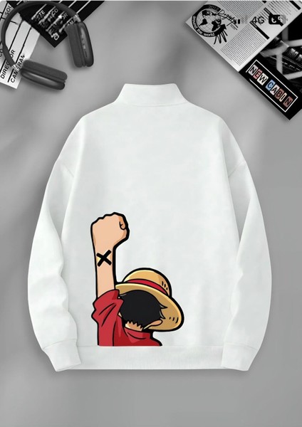 Kadın Beyaz One Peace Yarım Fermuarlı Dik Yaka Sweatshirt