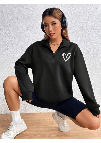 Kadın Siyah Love Figür Yarım Fermuarlı Dik Yaka Sweatshirt
