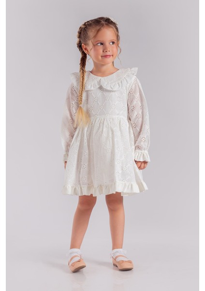 Dantel Bebe Yaka Uzun Kollu Kız Bebek Elbisesi