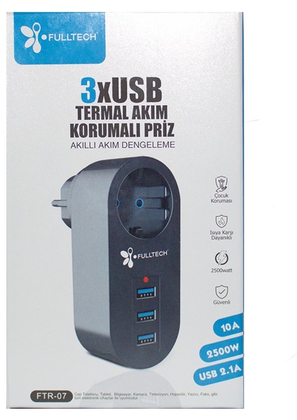 Akım Korumalı Tekli Priz - Akıllı Akım Dengeleme - 3 x Usb - Isıya Karşı Dayan - MRK5937-9087