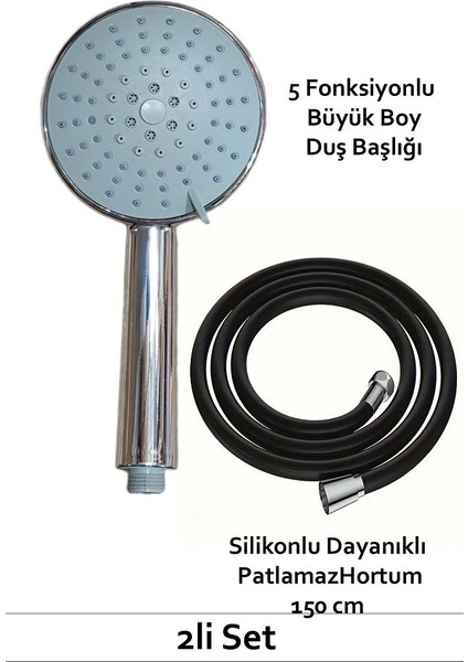 5 Fonksiyonlu Duş Başlığı & Silikonlu Kopmaz Patlamaz 150 cm Duş Hortumu Seti