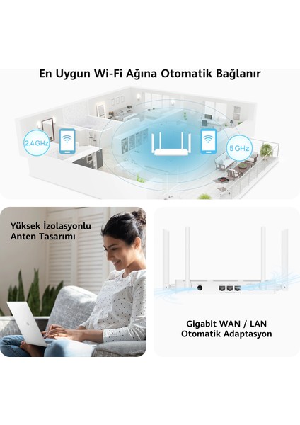 HUAWEI AX2 Router Yeni, AX1500 Mbps, 5 GHz Wi-Fi 6, HarmonyOS Mesh+, Ebeveyn Kontrolü