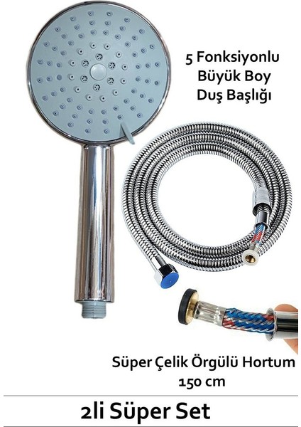 Büyük Boy Duş Başlığı 5 Fonksiyonlu + Çelik Örgülü 150 cm Duş Hortumu Takımı