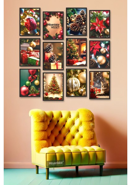 Festivallik Yılbaşı Dekorlarıyla 12 Parça Şık ve Parlak Mdf Tablo Seti