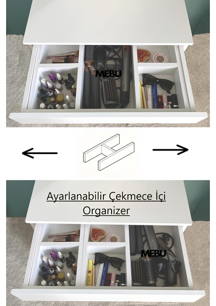 Asimetrik Aynalı Beyaz Makyaj Masası Dresuar, Ayarlanabilir Çekmece Içi Organizer