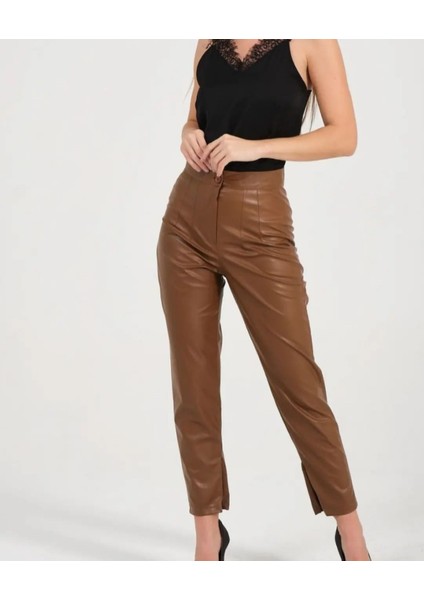 Taba Ön Pensli Kışlık Cepli Deri Pantolon Iç Bacak Paça Kısmın Fermuar Detaylı Yırtmaç fiyatları