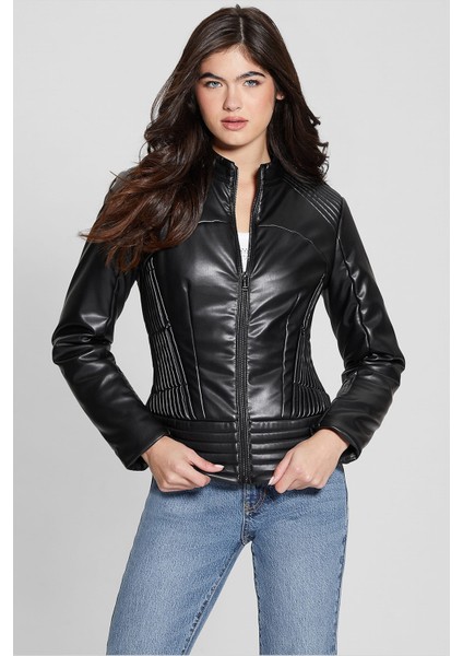 Kadın Suni Deri Ceket-Siyah