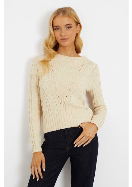 Kadın Saç Örgülü Kazak - Krem