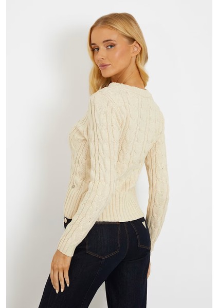 Kadın Saç Örgülü Kazak - Krem modelleri