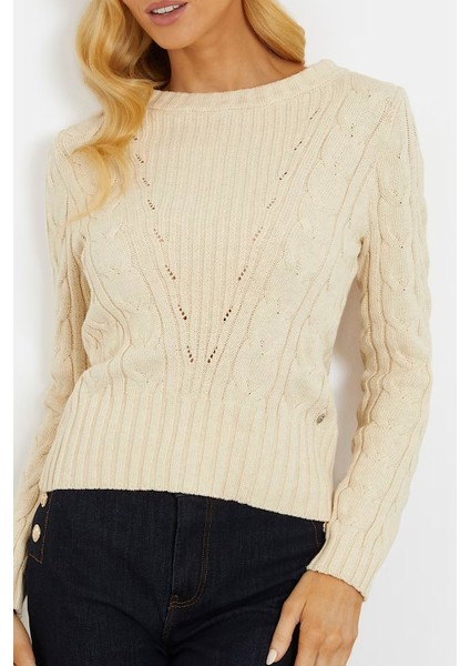 Kadın Saç Örgülü Kazak - Krem fırsatları