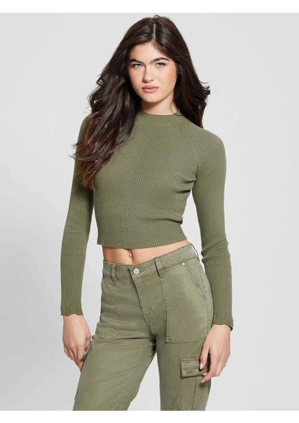 Kadın Sırt Dekolteli Triko Kazak-Yeşil