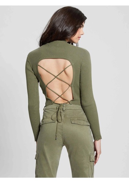 Kadın Sırt Dekolteli Triko Kazak-Yeşil fırsatları