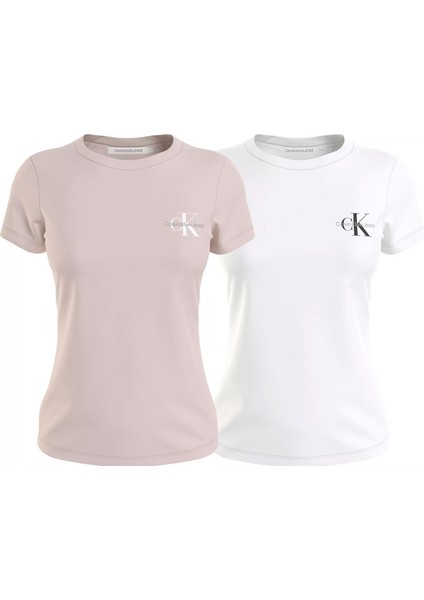 Kadın 2'li Monologo Slım Tee T-Shirt-Pudra-Beyaz