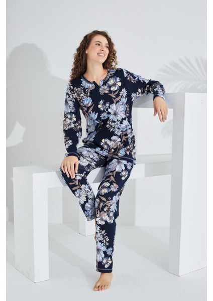 Pamuklu Uzun Kol Kadın Pijama Takımı Çiçekli Lacivert