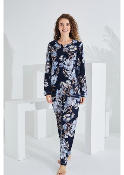 Pamuklu Uzun Kol Kadın Pijama Takımı Çiçekli Lacivert fiyatları