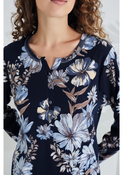 Pamuklu Uzun Kol Kadın Pijama Takımı Çiçekli Lacivert modelleri