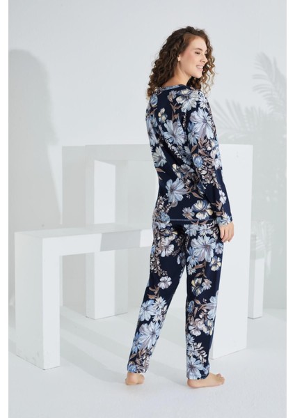 Pamuklu Uzun Kol Kadın Pijama Takımı Çiçekli Lacivert fırsatları