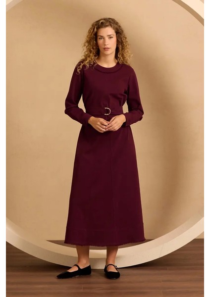 Kadın Yuvarlak Yaka Kuşaklı Elbise - Bordo