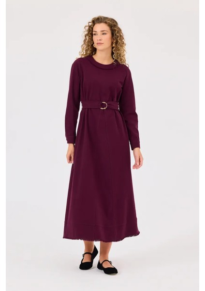 Kadın Yuvarlak Yaka Kuşaklı Elbise - Bordo fiyatları