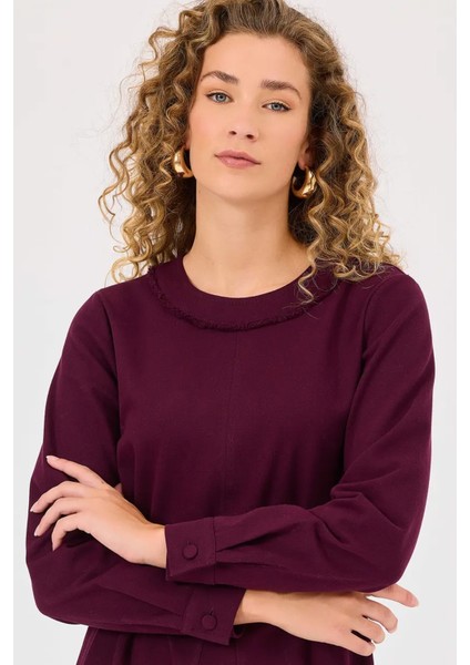 Kadın Yuvarlak Yaka Kuşaklı Elbise - Bordo indirimleri