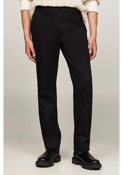 Erkek Denton Saten Düz Paça Chino Pantolon - Siyah