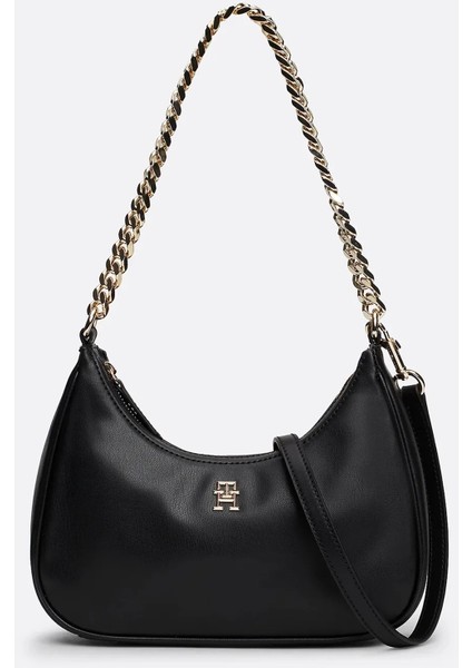 Kadın Marka Logolu Deri Ayarlanabilir Omuz Çantası - Siyah