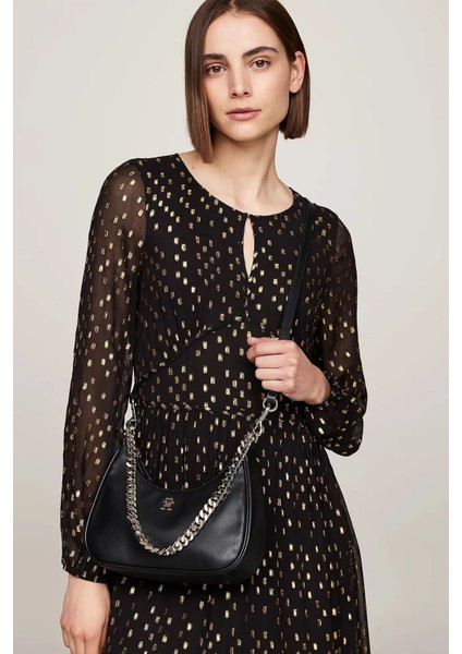 Kadın Marka Logolu Deri Ayarlanabilir Omuz Çantası - Siyah fiyatları