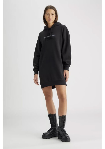 Kadın Chenille Monologo Kapüşonlu Elbise - Siyah