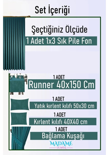 Natural Charm Petrol Keten Dokulu Taç Fon Perde 1x3 Sık Pile - Hediye Runner ve Kırlent Kılıfı ile Şık Dekorasyon Seti