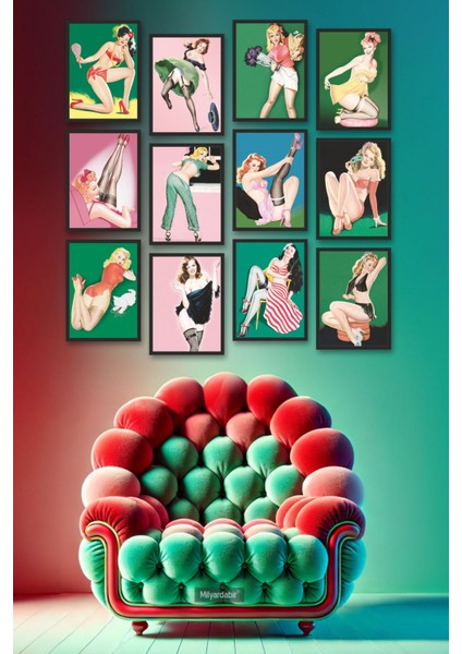 Vintage Pin-Up Kız Temalı 12 Parça Mdf Tablo Seti ile Evinize Renkli ve Eğlenceli Bir Dokunuş