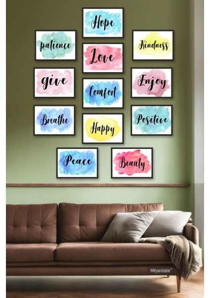 Her Gün Ilham Alacağınız Motive Edici Kelimeler Temalı 12 Parça Mdf Tablo Seti
